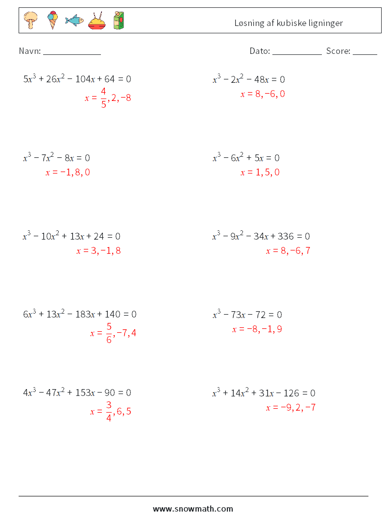 Løsning af kubiske ligninger Matematiske regneark 9 Spørgsmål, svar