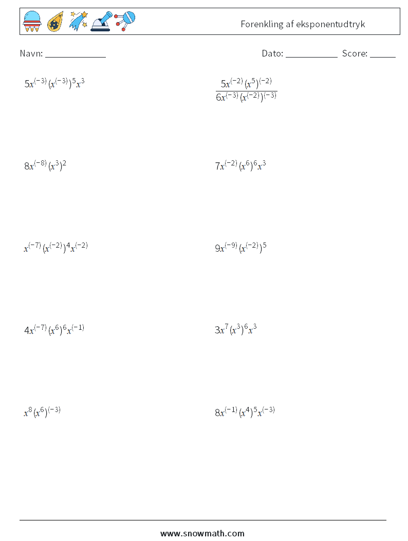  Forenkling af eksponentudtryk Matematiske regneark 2
