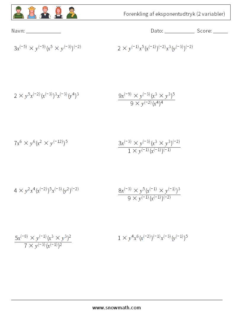  Forenkling af eksponentudtryk (2 variabler) Matematiske regneark 3