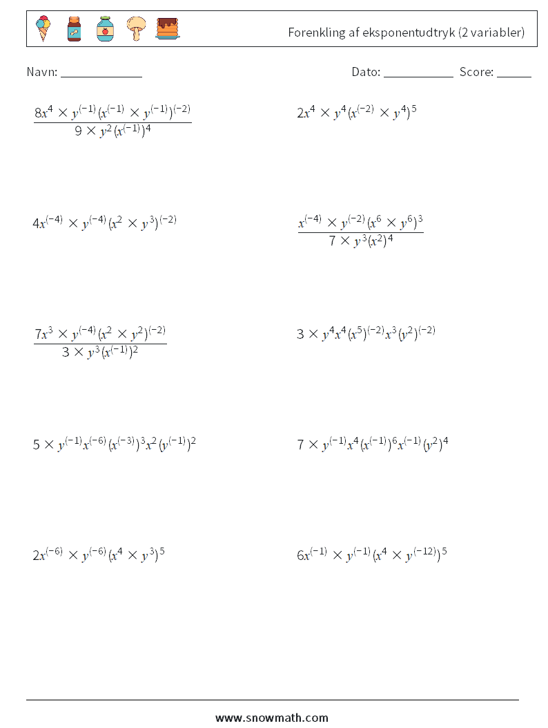  Forenkling af eksponentudtryk (2 variabler) Matematiske regneark 6