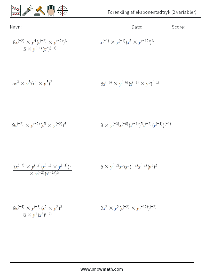  Forenkling af eksponentudtryk (2 variabler) Matematiske regneark 7