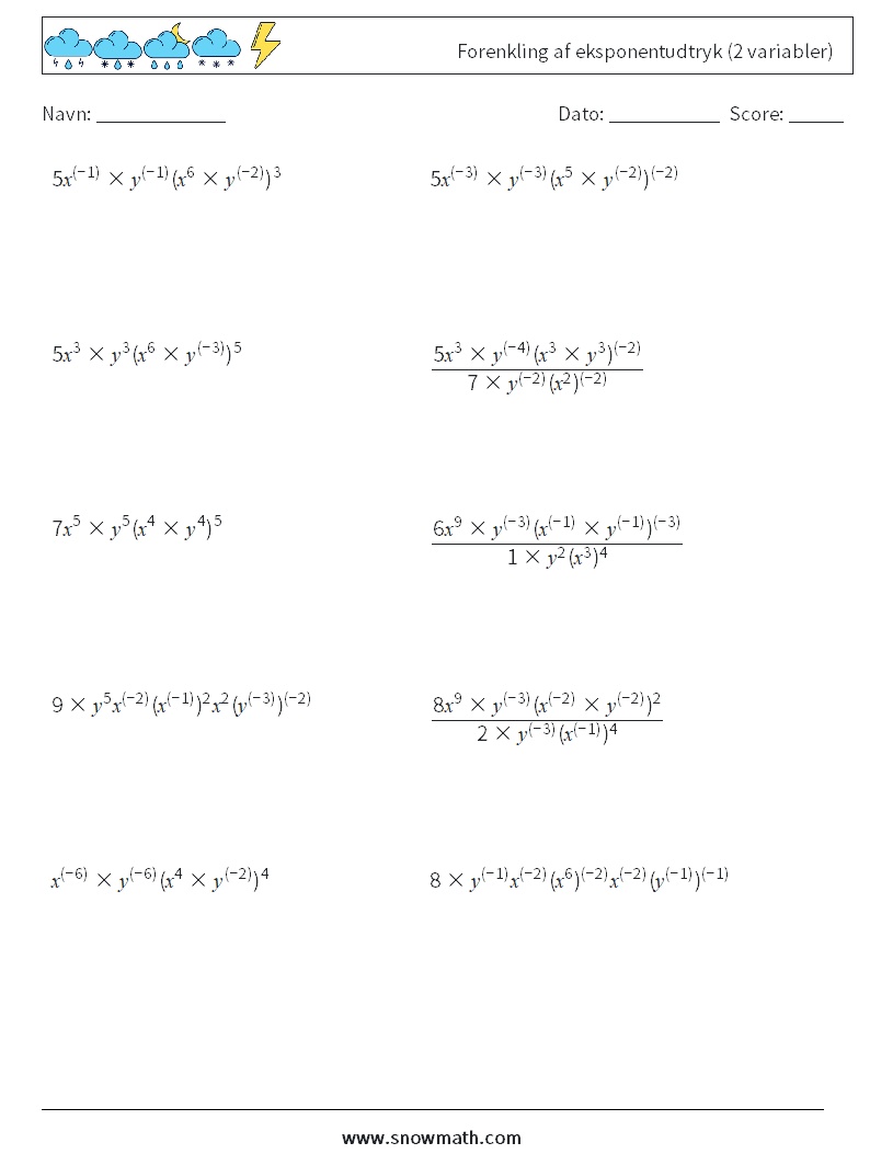  Forenkling af eksponentudtryk (2 variabler) Matematiske regneark 8