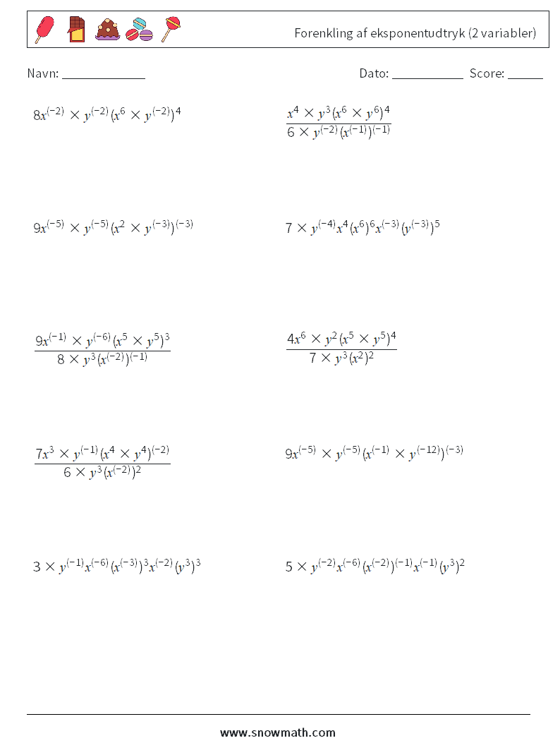  Forenkling af eksponentudtryk (2 variabler) Matematiske regneark 9