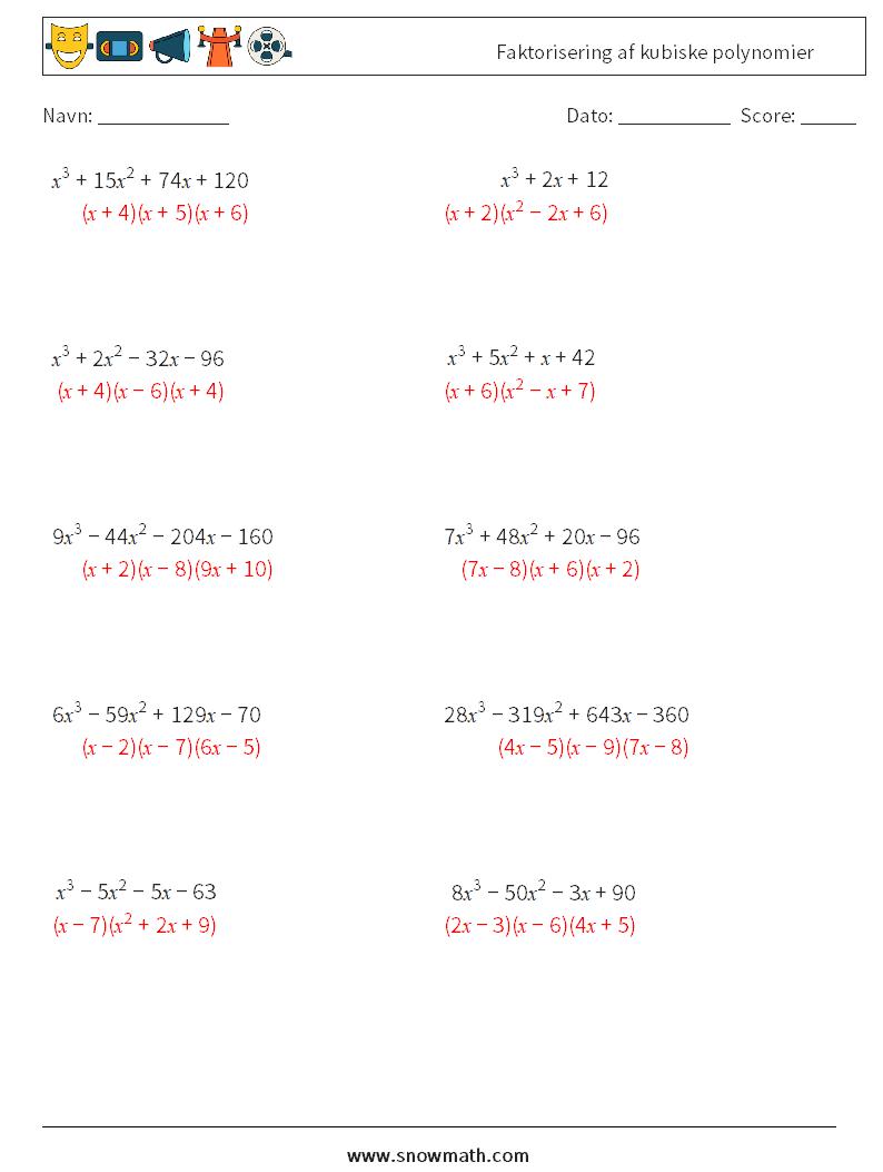 Faktorisering af kubiske polynomier Matematiske regneark 1 Spørgsmål, svar