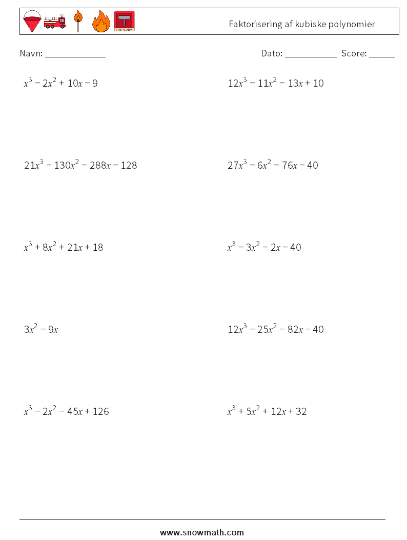 Faktorisering af kubiske polynomier Matematiske regneark 2