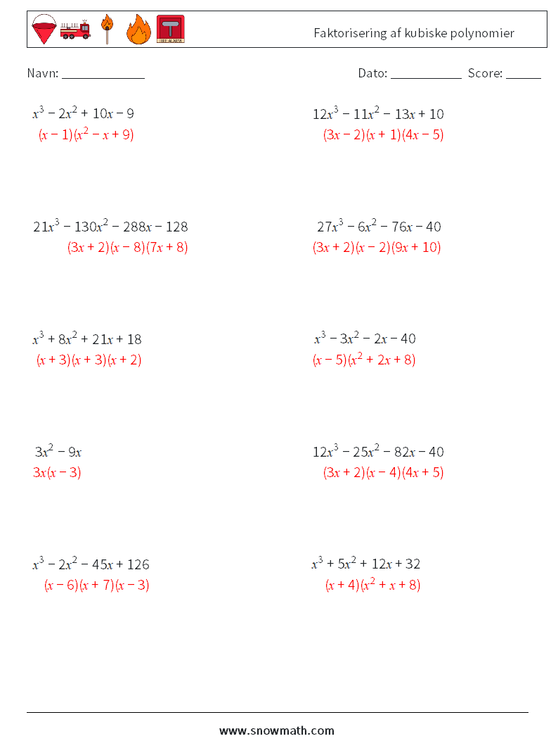 Faktorisering af kubiske polynomier Matematiske regneark 2 Spørgsmål, svar