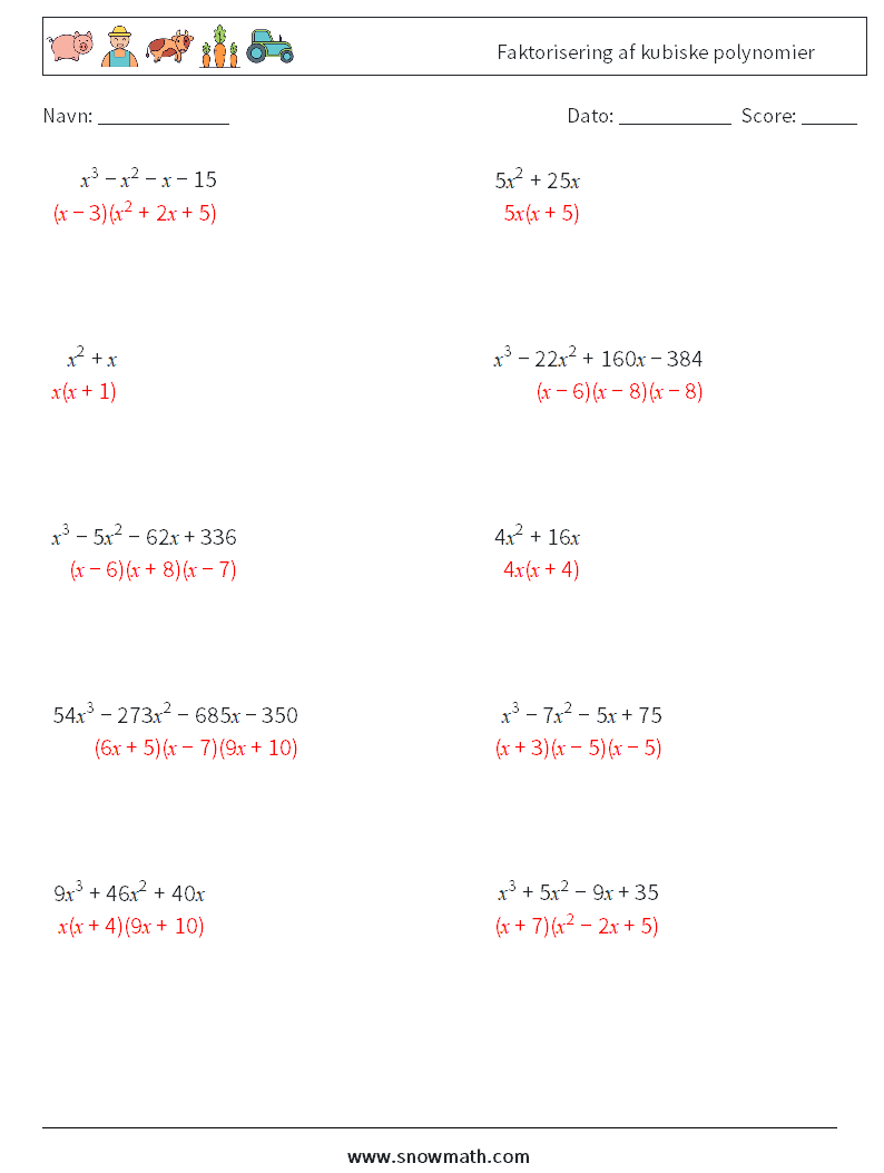 Faktorisering af kubiske polynomier Matematiske regneark 3 Spørgsmål, svar