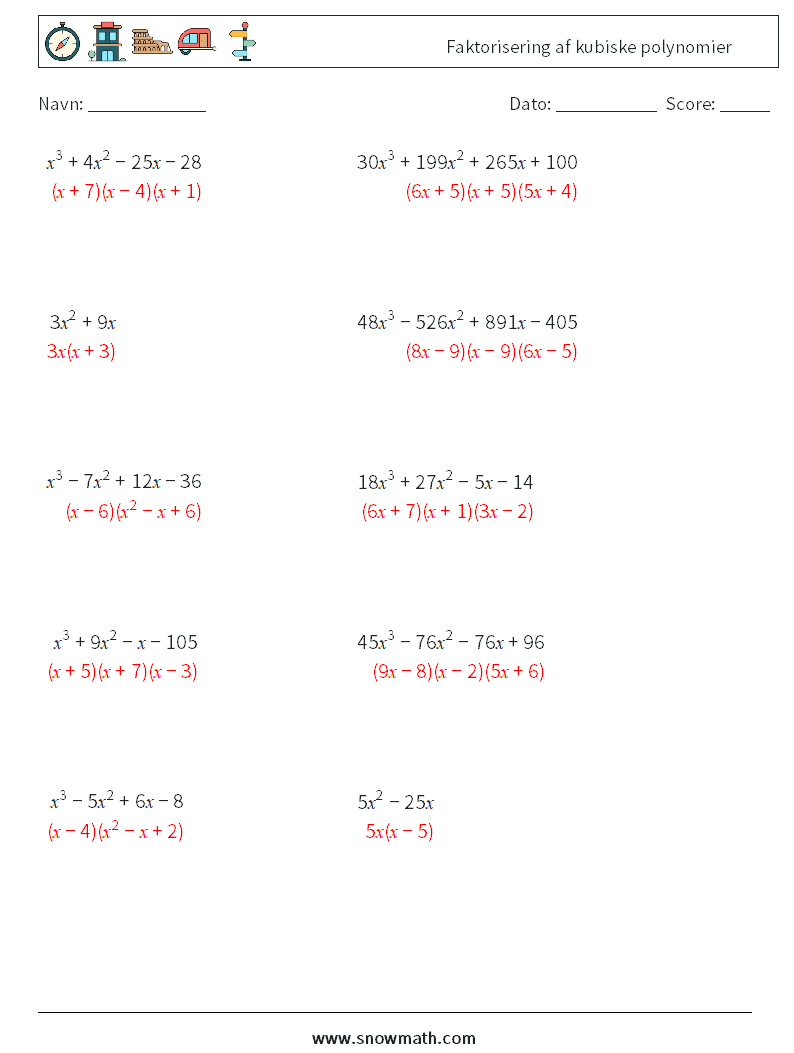 Faktorisering af kubiske polynomier Matematiske regneark 6 Spørgsmål, svar