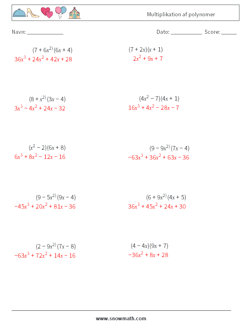 Multiplikation af polynomer Matematiske regneark 1 Spørgsmål, svar