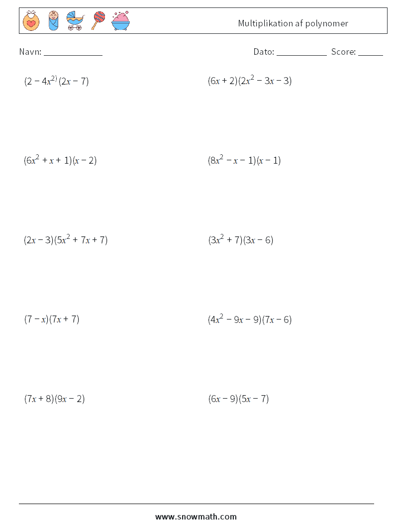 Multiplikation af polynomer Matematiske regneark 2