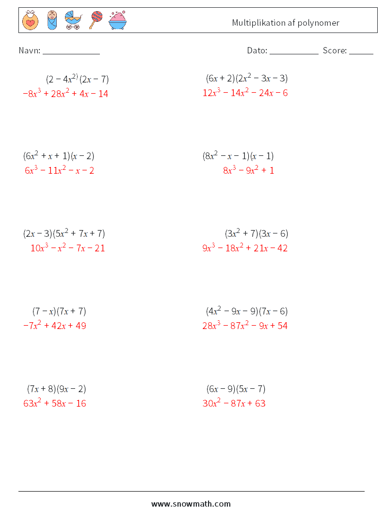 Multiplikation af polynomer Matematiske regneark 2 Spørgsmål, svar
