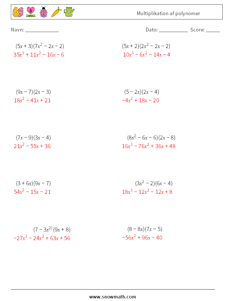 Multiplikation af polynomer Matematiske regneark 3 Spørgsmål, svar
