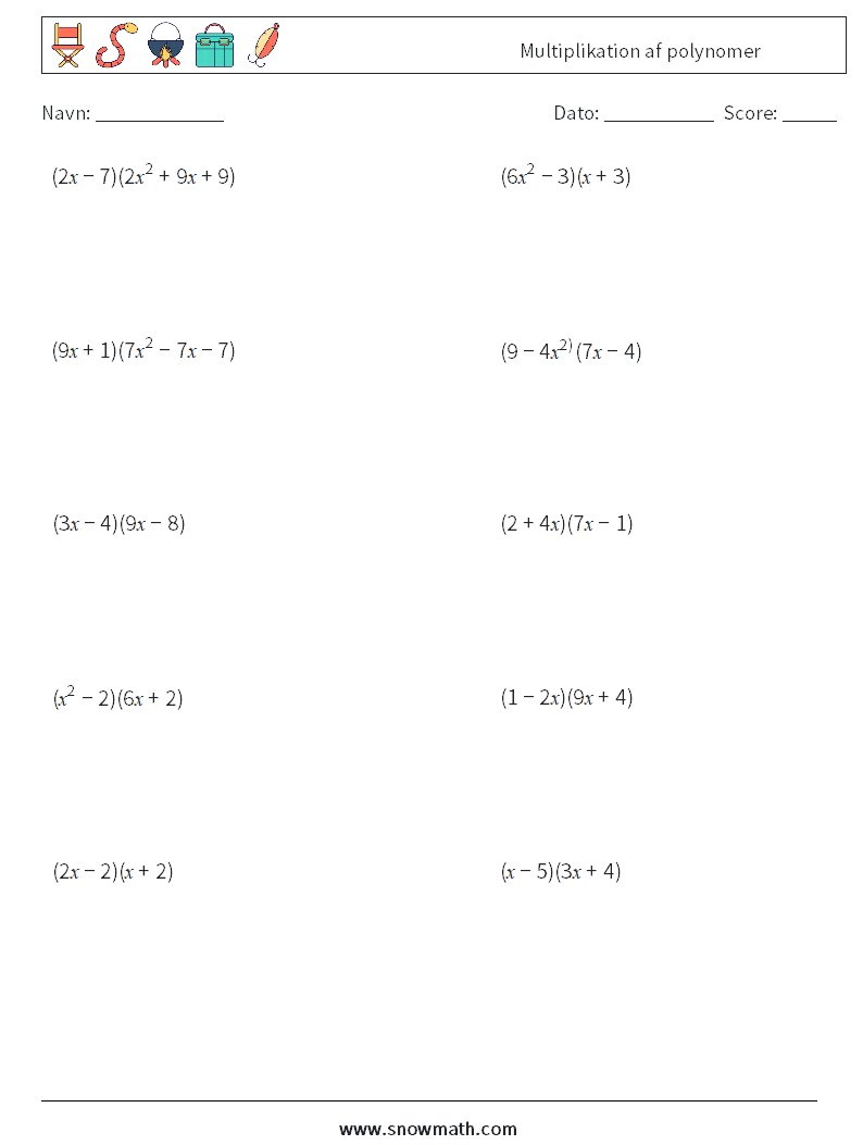 Multiplikation af polynomer Matematiske regneark 4