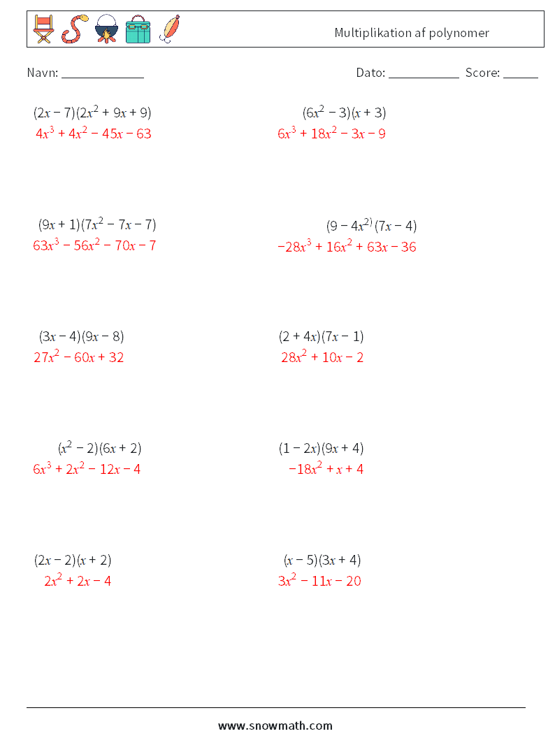 Multiplikation af polynomer Matematiske regneark 4 Spørgsmål, svar