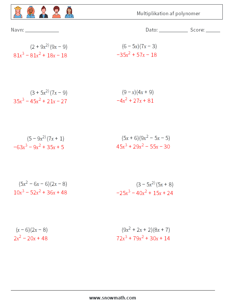 Multiplikation af polynomer Matematiske regneark 5 Spørgsmål, svar