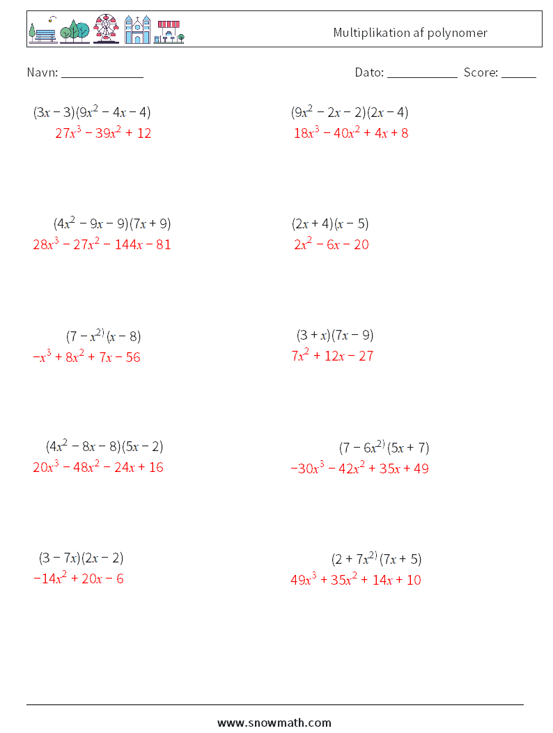 Multiplikation af polynomer Matematiske regneark 6 Spørgsmål, svar