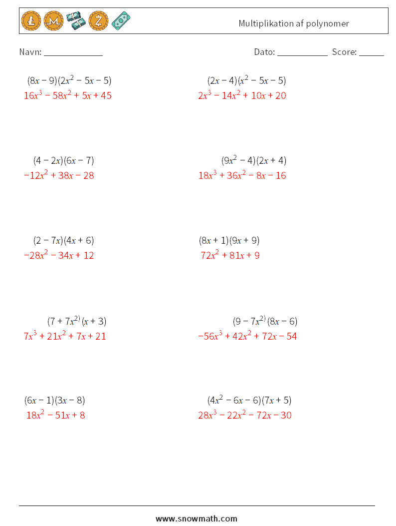 Multiplikation af polynomer Matematiske regneark 7 Spørgsmål, svar