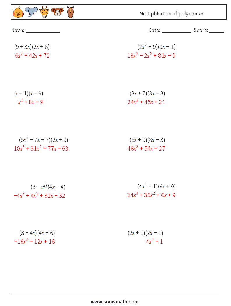 Multiplikation af polynomer Matematiske regneark 9 Spørgsmål, svar
