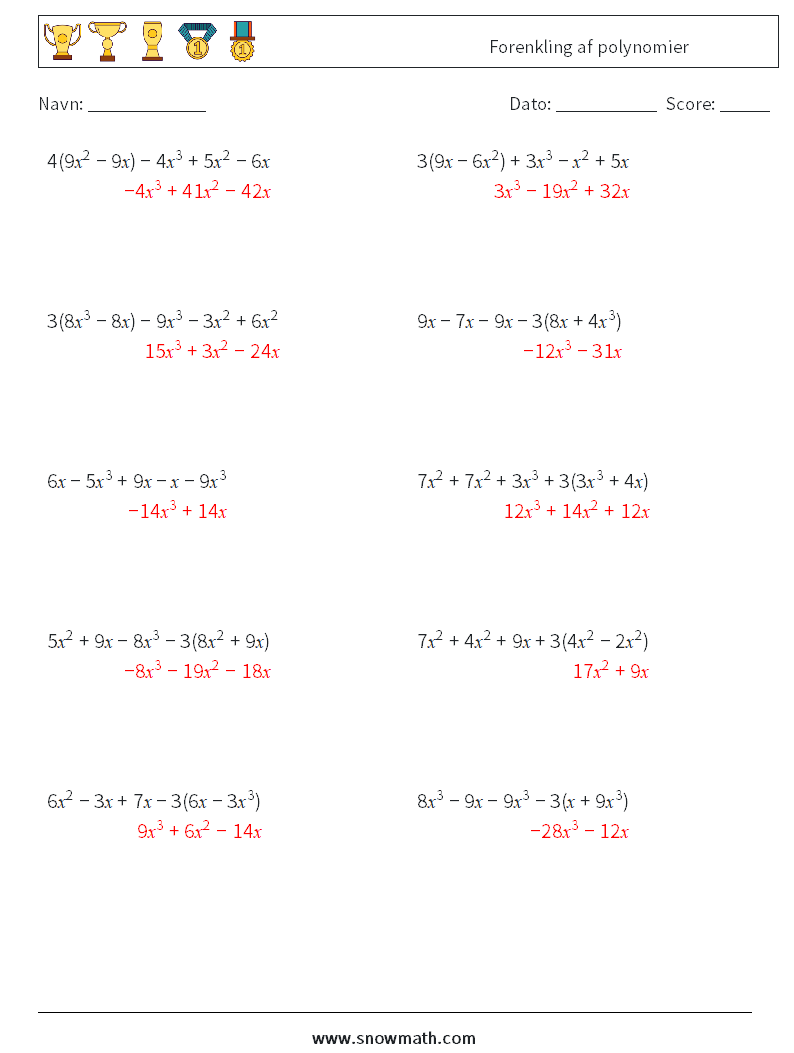 Forenkling af polynomier Matematiske regneark 2 Spørgsmål, svar