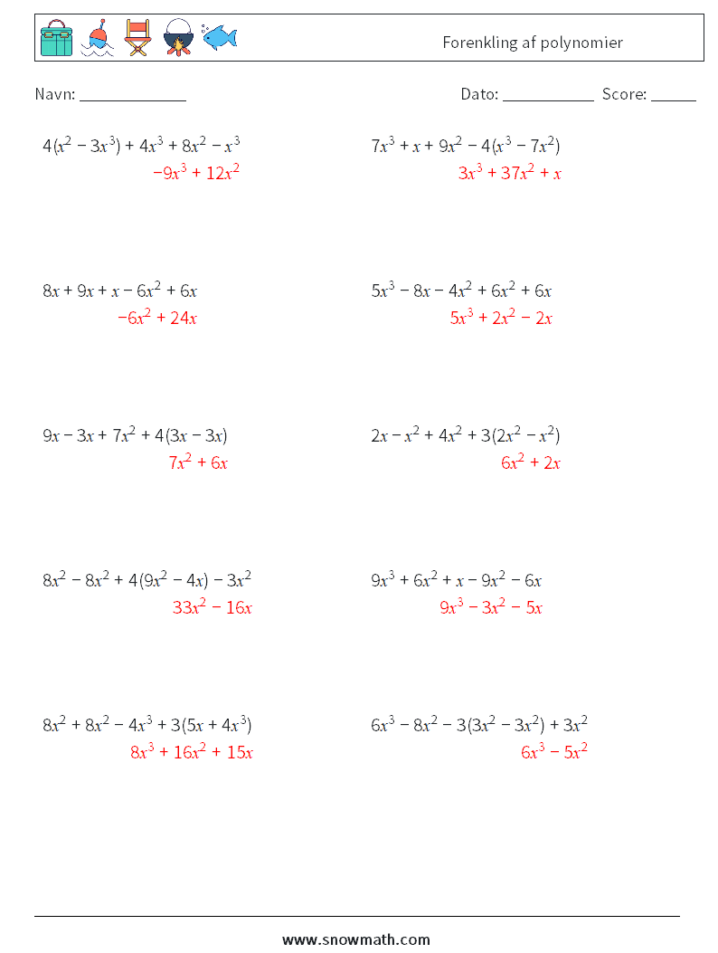 Forenkling af polynomier Matematiske regneark 3 Spørgsmål, svar