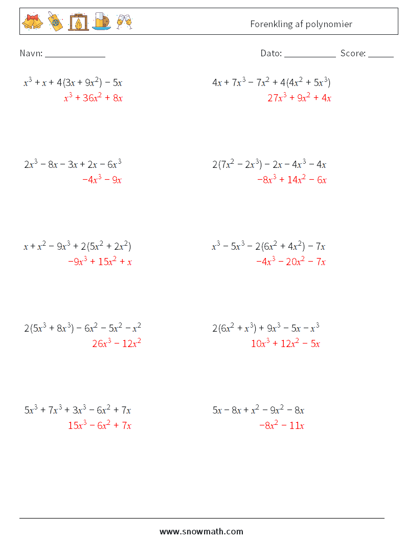 Forenkling af polynomier Matematiske regneark 4 Spørgsmål, svar