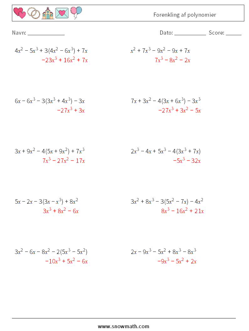 Forenkling af polynomier Matematiske regneark 7 Spørgsmål, svar