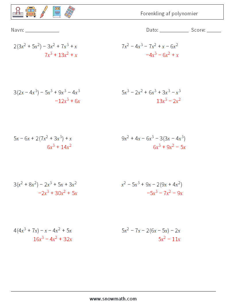 Forenkling af polynomier Matematiske regneark 8 Spørgsmål, svar