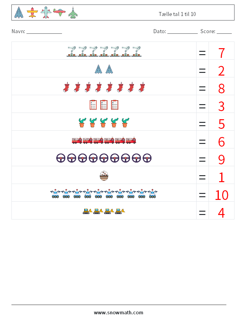 Tælle tal 1 til 10 Matematiske regneark 11 Spørgsmål, svar