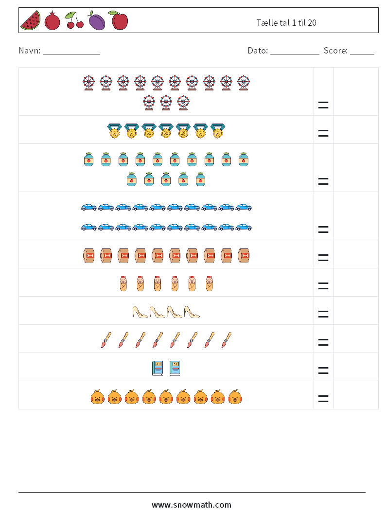 tælle tal 1 til 20 Matematiske regneark, matematikpraksis for børn.