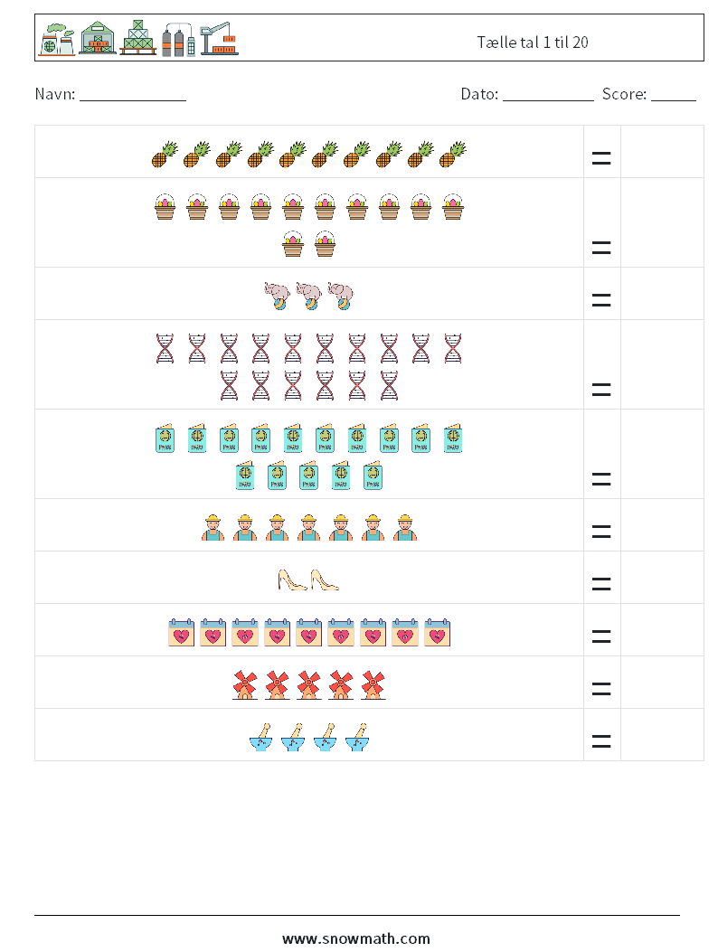 tælle tal 1 til 20 Matematiske regneark, matematikpraksis for børn.