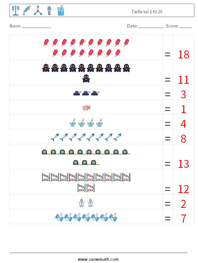 Tælle tal 1 til 20 Matematiske regneark 10 Spørgsmål, svar