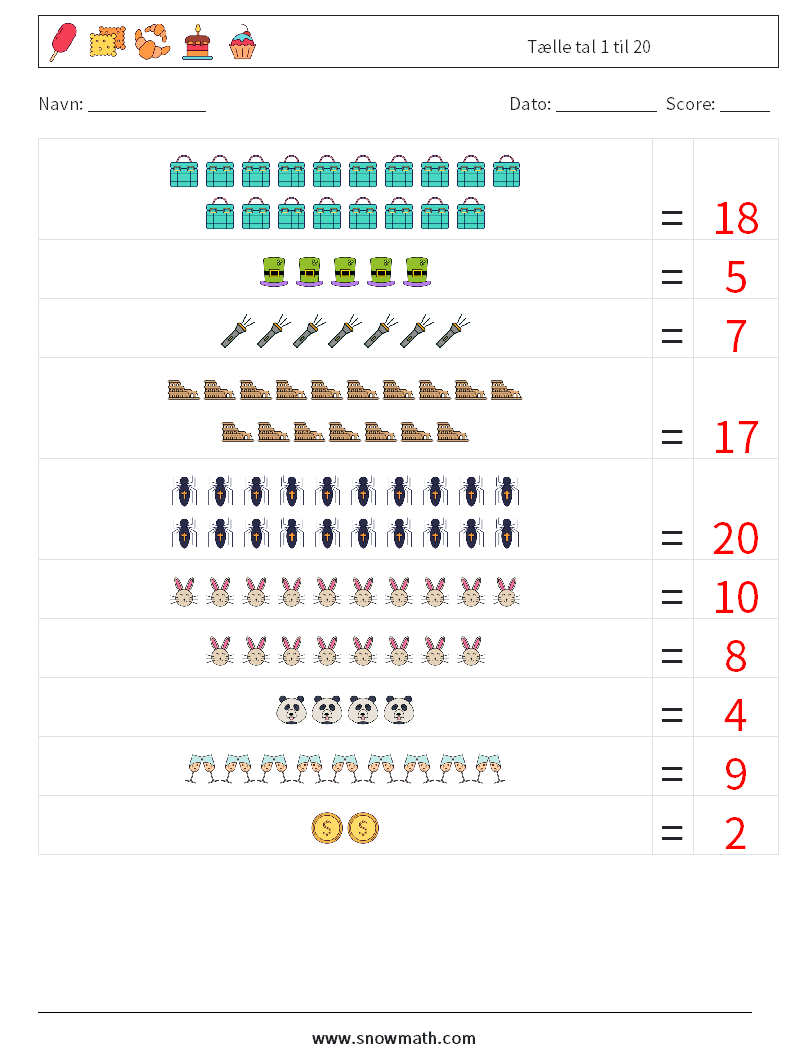 Tælle tal 1 til 20 Matematiske regneark 18 Spørgsmål, svar
