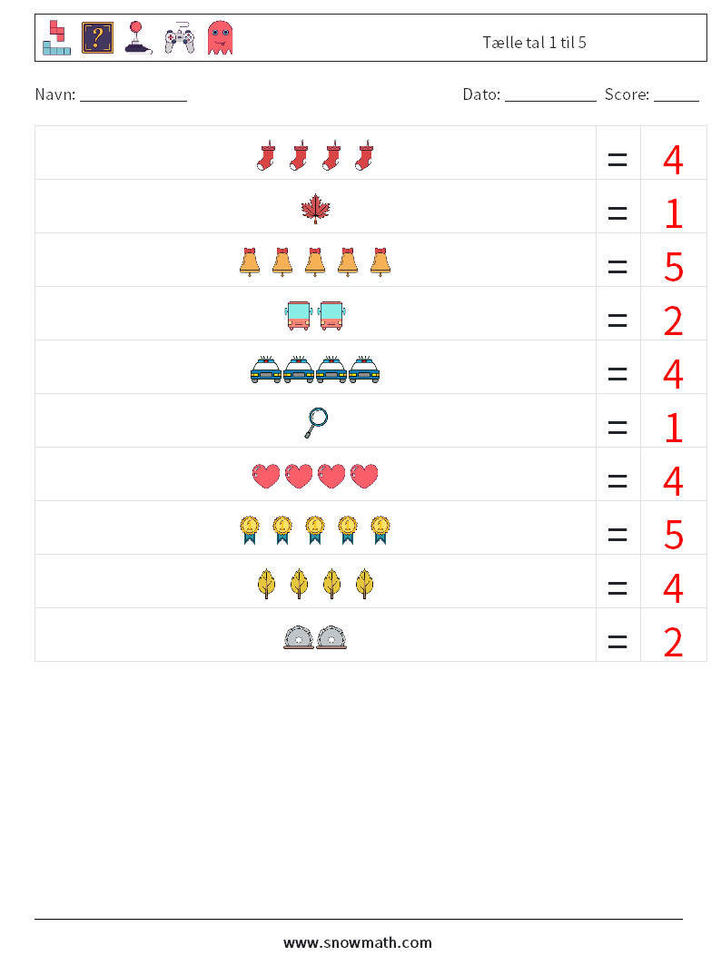 Tælle tal 1 til 5 Matematiske regneark 13 Spørgsmål, svar