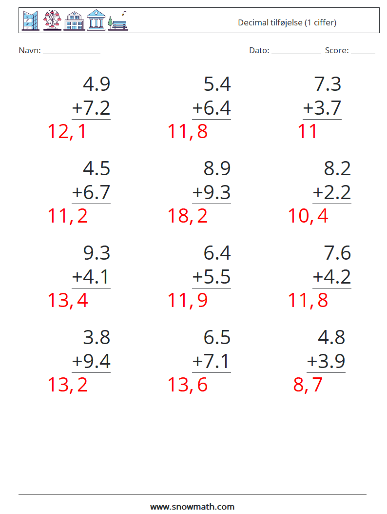 (12) Decimal tilføjelse (1 ciffer) Matematiske regneark 10 Spørgsmål, svar