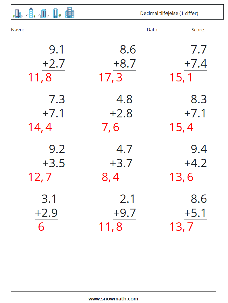 (12) Decimal tilføjelse (1 ciffer) Matematiske regneark 14 Spørgsmål, svar