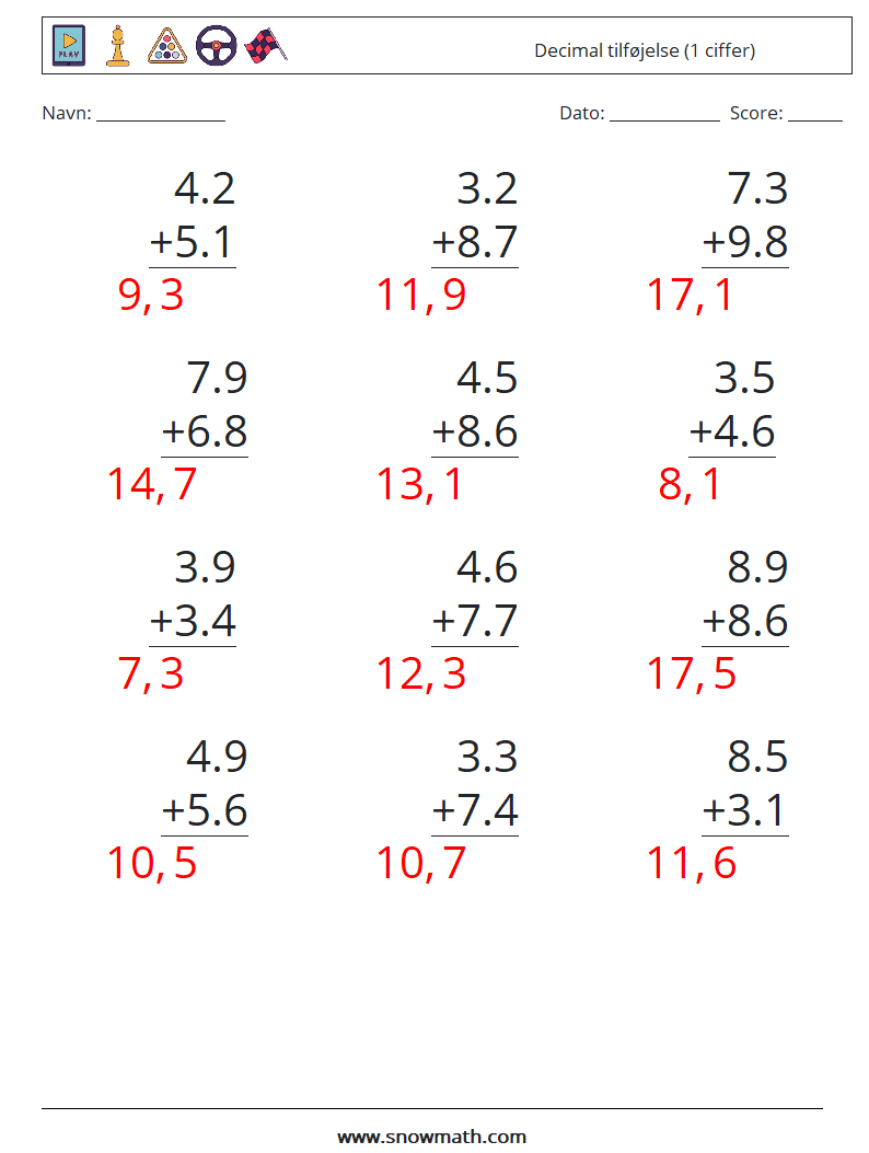 (12) Decimal tilføjelse (1 ciffer) Matematiske regneark 18 Spørgsmål, svar