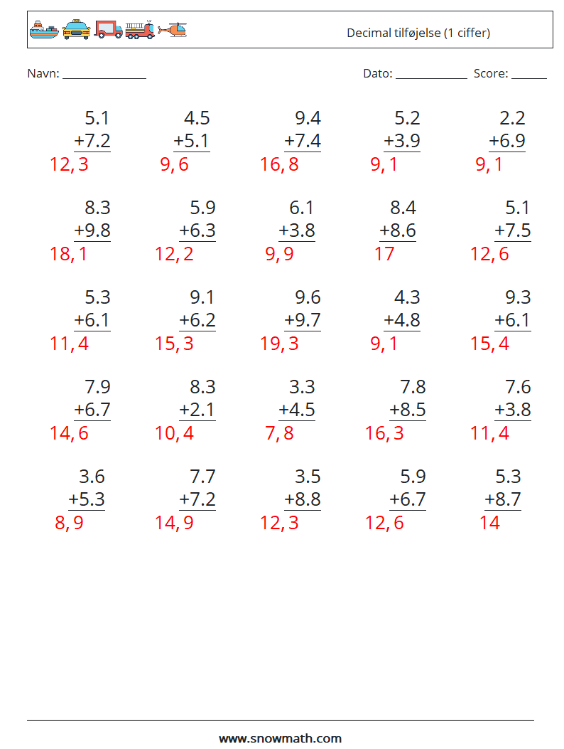 (25) Decimal tilføjelse (1 ciffer) Matematiske regneark 12 Spørgsmål, svar