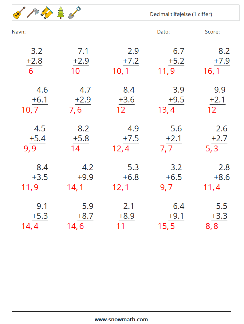 (25) Decimal tilføjelse (1 ciffer) Matematiske regneark 17 Spørgsmål, svar