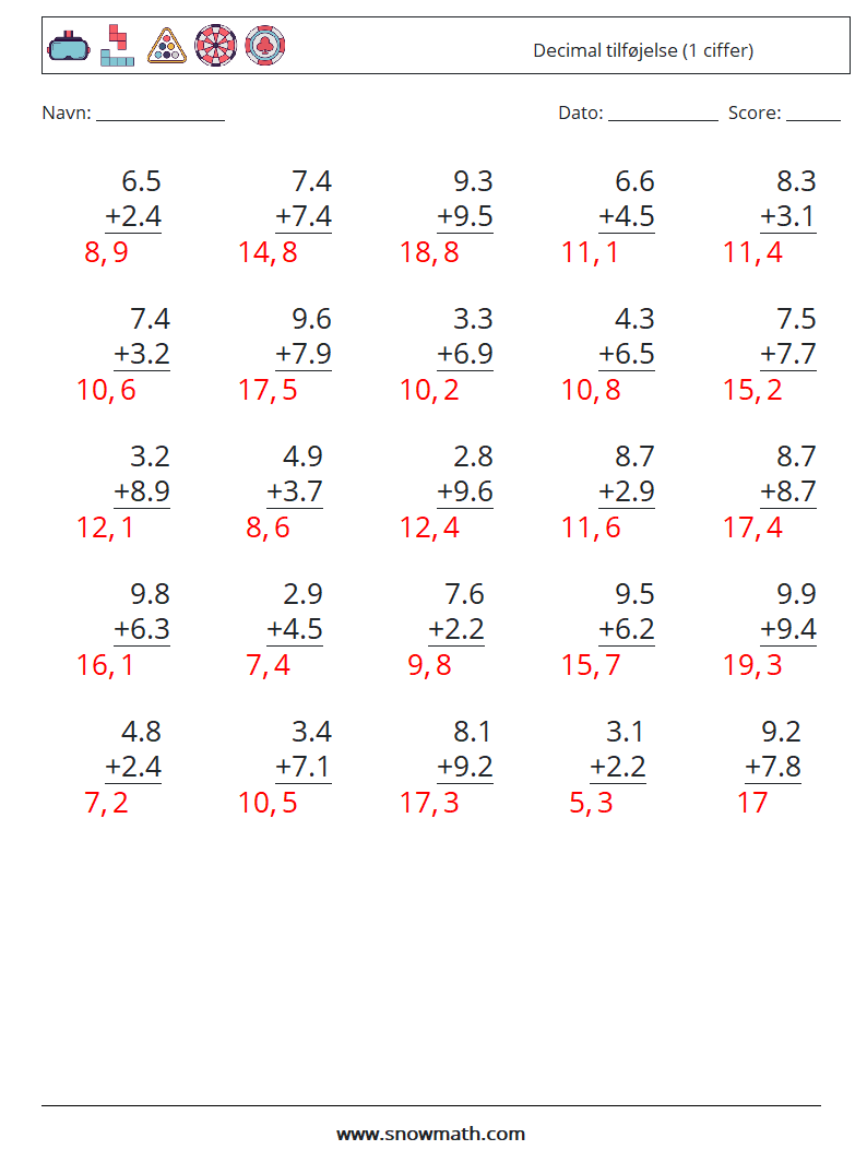 (25) Decimal tilføjelse (1 ciffer) Matematiske regneark 18 Spørgsmål, svar