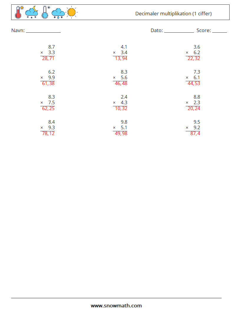 (12) Decimaler multiplikation (1 ciffer) Matematiske regneark 11 Spørgsmål, svar