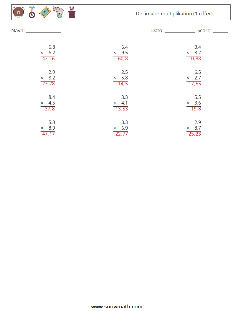 (12) Decimaler multiplikation (1 ciffer) Matematiske regneark 14 Spørgsmål, svar
