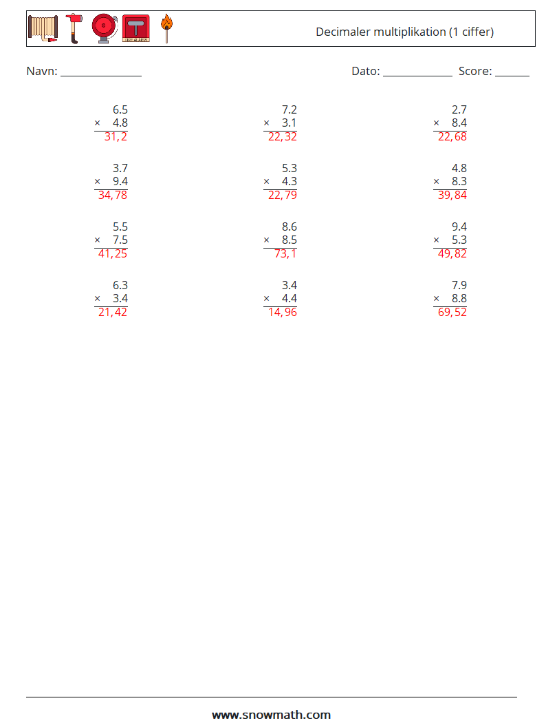 (12) Decimaler multiplikation (1 ciffer) Matematiske regneark 15 Spørgsmål, svar
