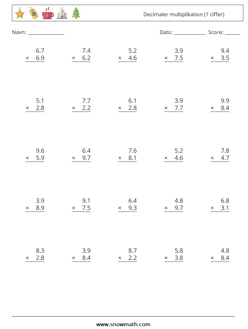 (25) Decimaler multiplikation (1 ciffer) Matematiske regneark 10