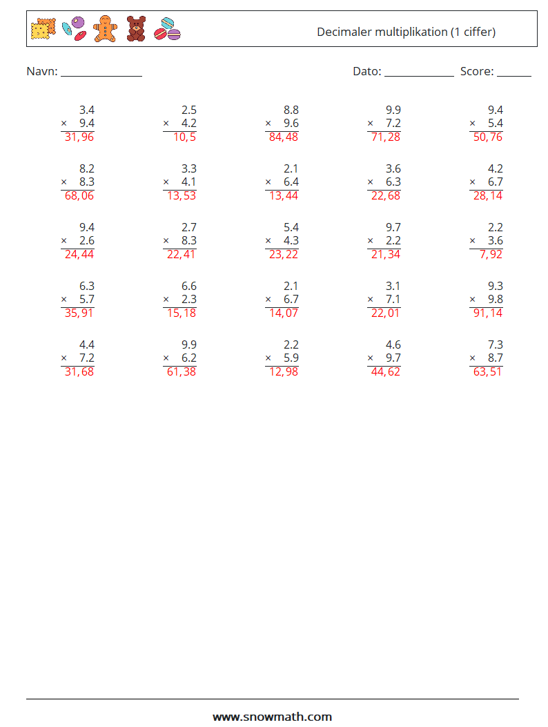 (25) Decimaler multiplikation (1 ciffer) Matematiske regneark 11 Spørgsmål, svar