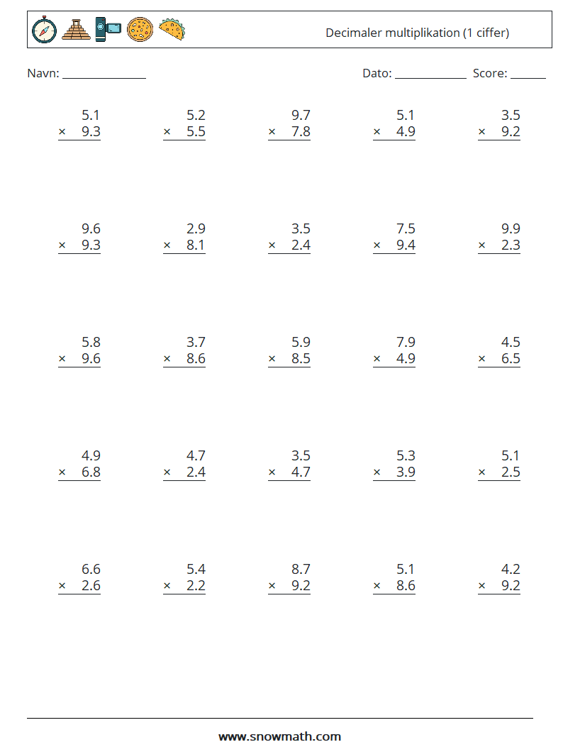 (25) Decimaler multiplikation (1 ciffer) Matematiske regneark 12