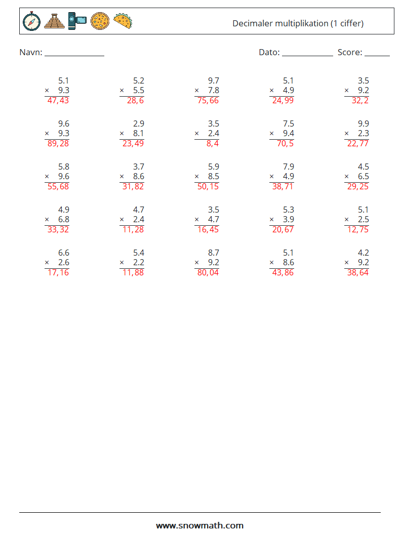 (25) Decimaler multiplikation (1 ciffer) Matematiske regneark 12 Spørgsmål, svar