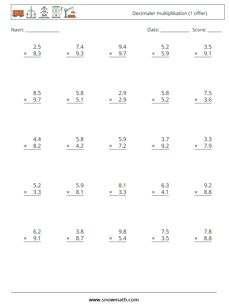 (25) Decimaler multiplikation (1 ciffer) Matematiske regneark 13