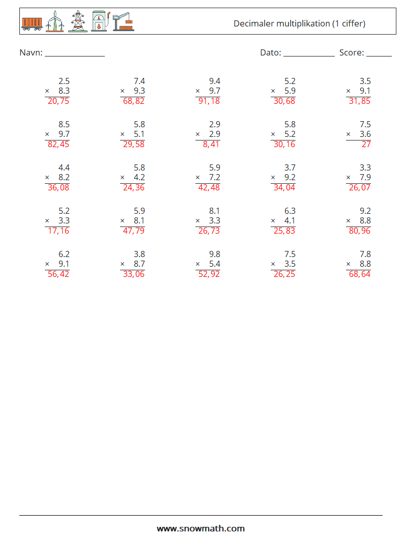 (25) Decimaler multiplikation (1 ciffer) Matematiske regneark 13 Spørgsmål, svar
