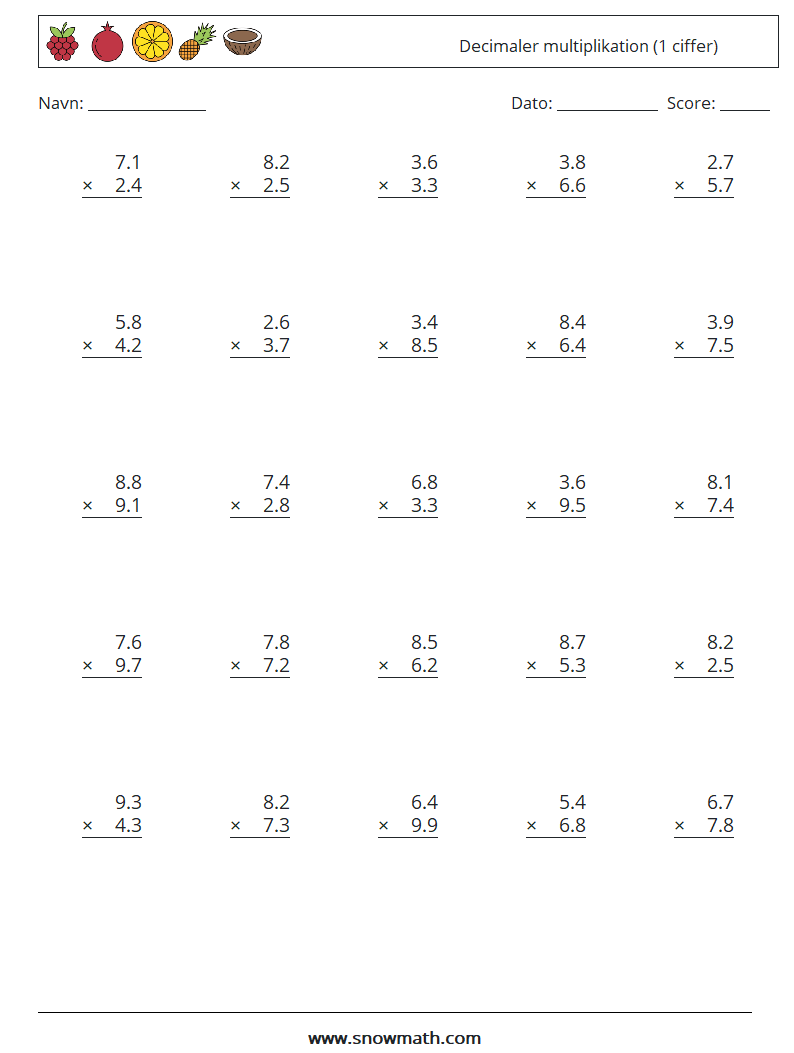 (25) Decimaler multiplikation (1 ciffer) Matematiske regneark 14