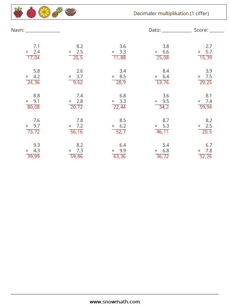 (25) Decimaler multiplikation (1 ciffer) Matematiske regneark 14 Spørgsmål, svar